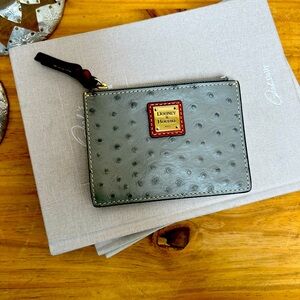 Dooney & Bourke Blue Grey Ostrich Leather Credit Card Zipper ID Case Wallet